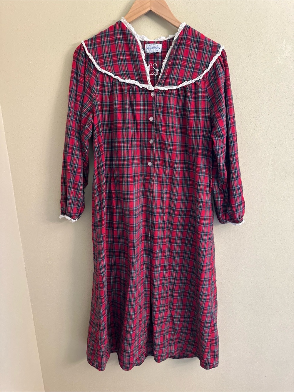 Vtg Lanz of Salzburg Nightgown Small 100% Cotton Plaid Full Length Farmhouse
